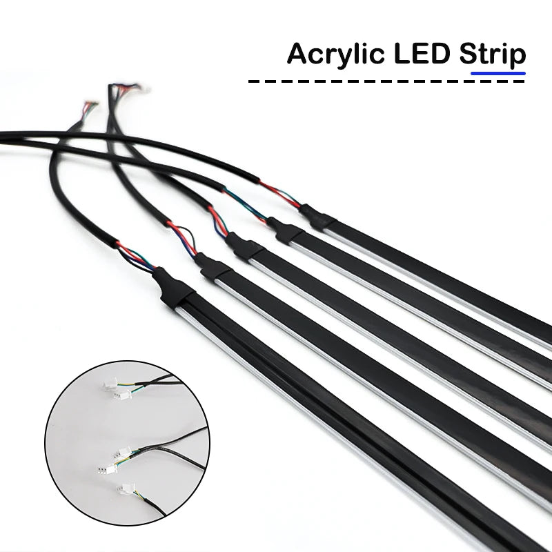 Four black, slim acrylic LED strips with multi-colored wiring and white 3-pin connectors for interior lighting projects.
