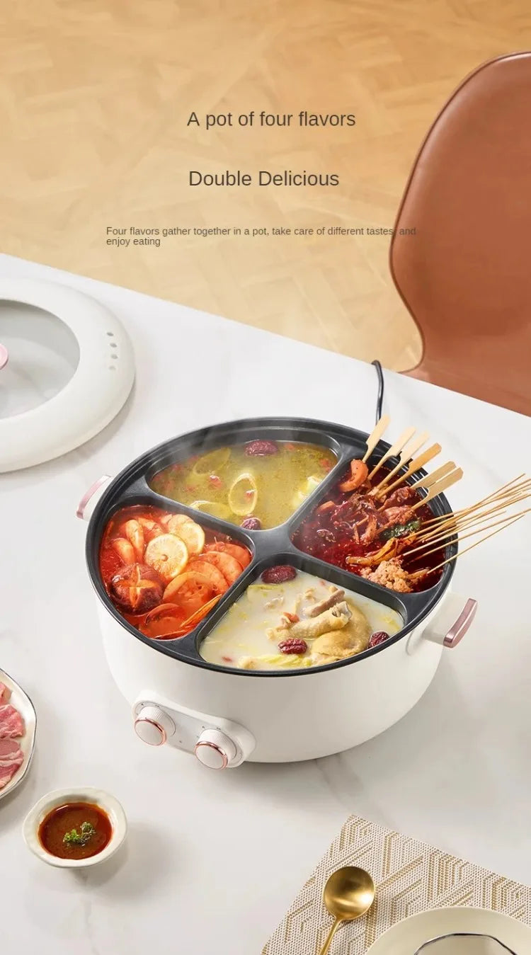 Electric quad-cooker on countertop with lid open and four compartments filled with food