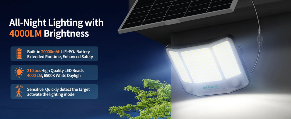 Intelamp 20000mAh Solar Flood Lights Outdoor Super Larger Solar Panel 4000LM Linkable Dual Motion Sensors For Garden Yard Garage