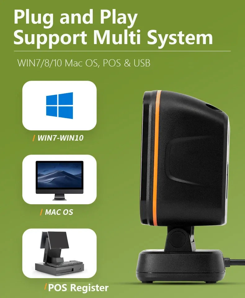 Desktop barcode scanner on base with orange side accents and cable