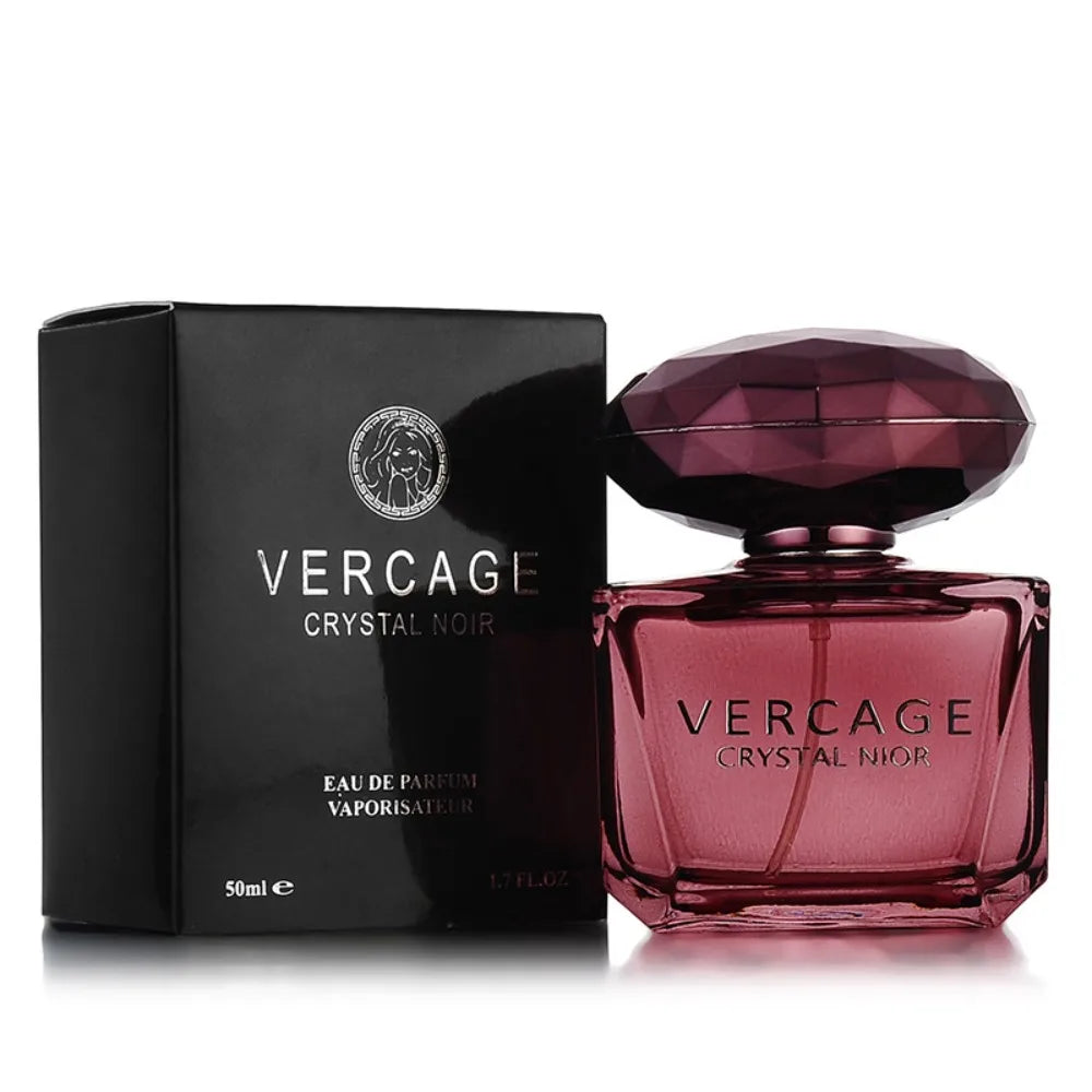 Vercage Crystal Noir 50ml women's perfume in a deep purple glass bottle with a faceted cap and matching black box.