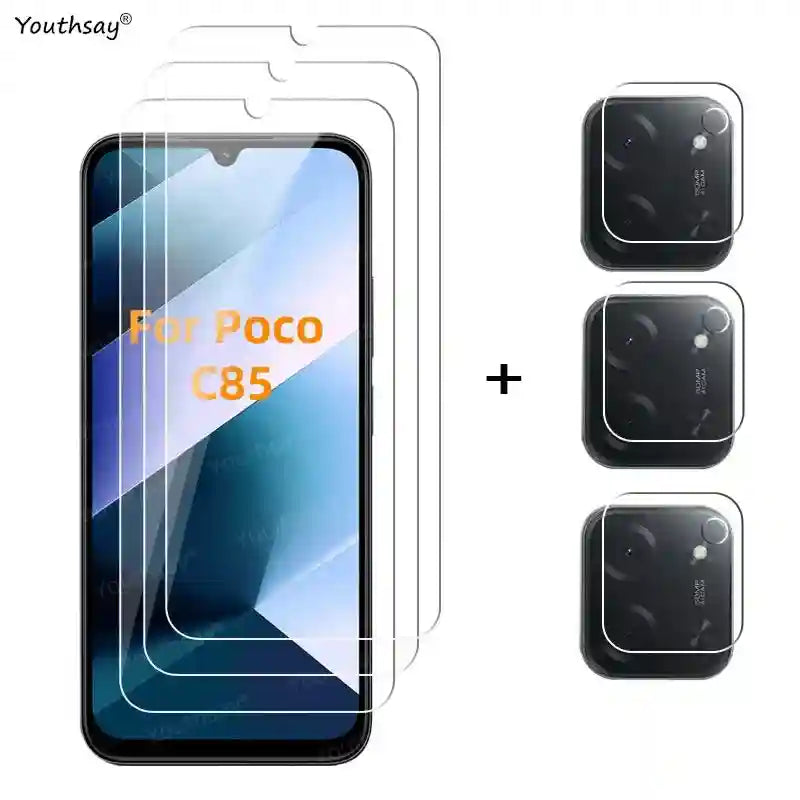 Poco C85 Screen Protector: 9H Tempered Glass & Lens Film Kit AE 3 Glass and 3 Lens Poco C85 Tidesmit