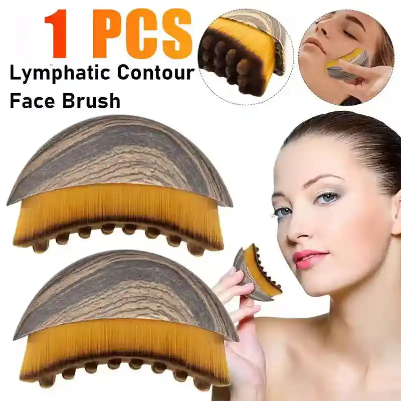 Crescent-shaped facial contour brush with wood-grain handle and dense, orange-to-brown ombre bristles.