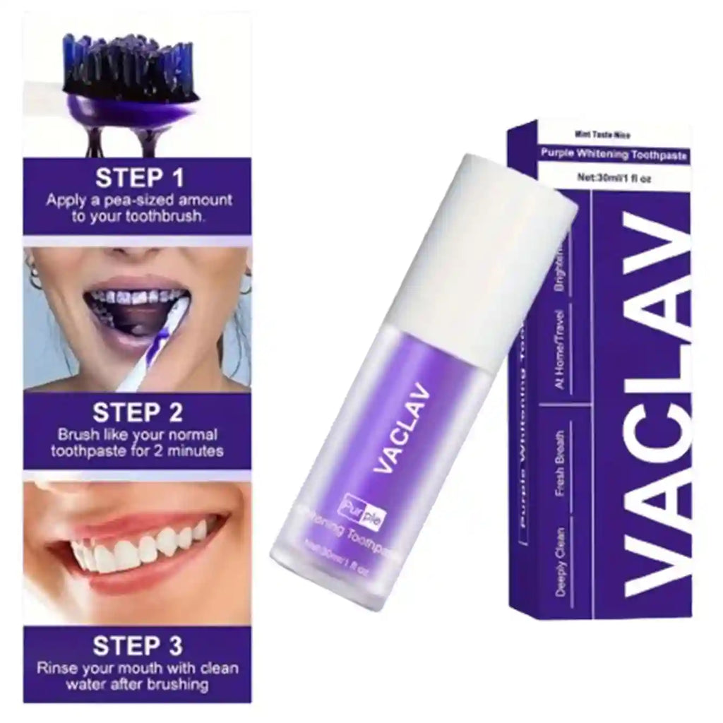 Tidesmit Vaclav purple toothpaste for teeth whitening and yellow stain color correction