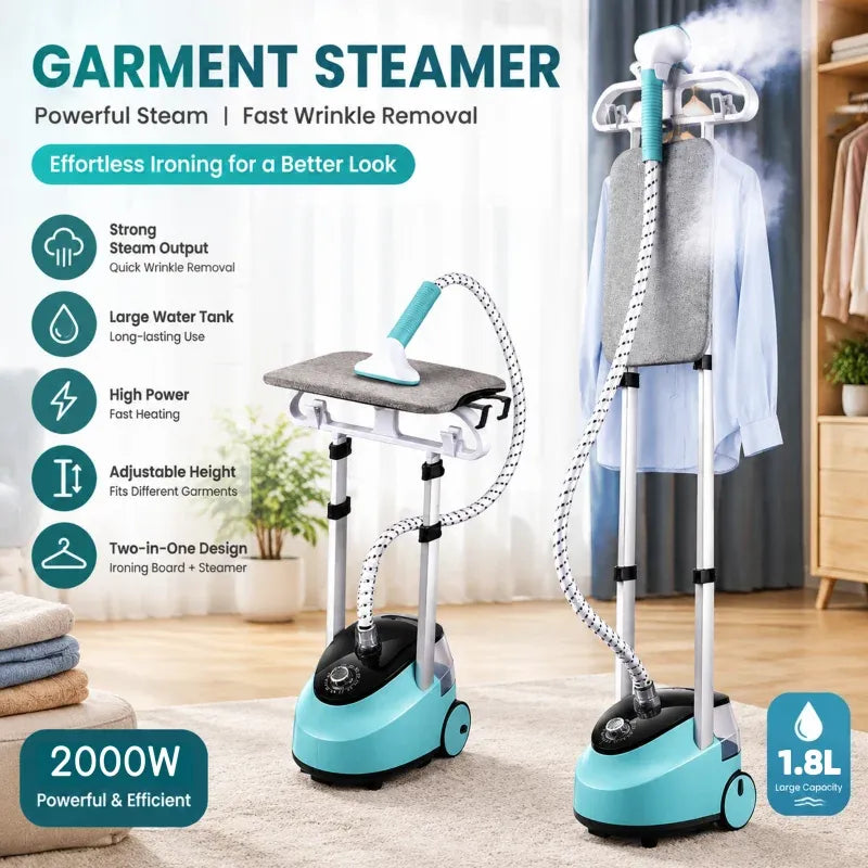 Garment steamer standing with blue base, steam nozzle, adjustable board, and hanging shirt.