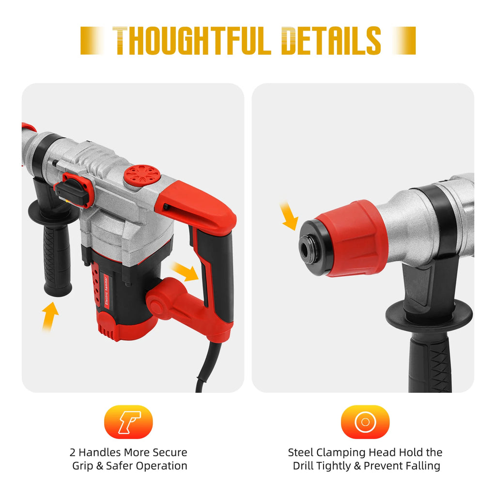 2200W Rotary Hammer Drill with 6 Drill Bits & Toolbox, 4 In 1 Electric Concrete Perforator, Multi-Function Electric Hammer Kit