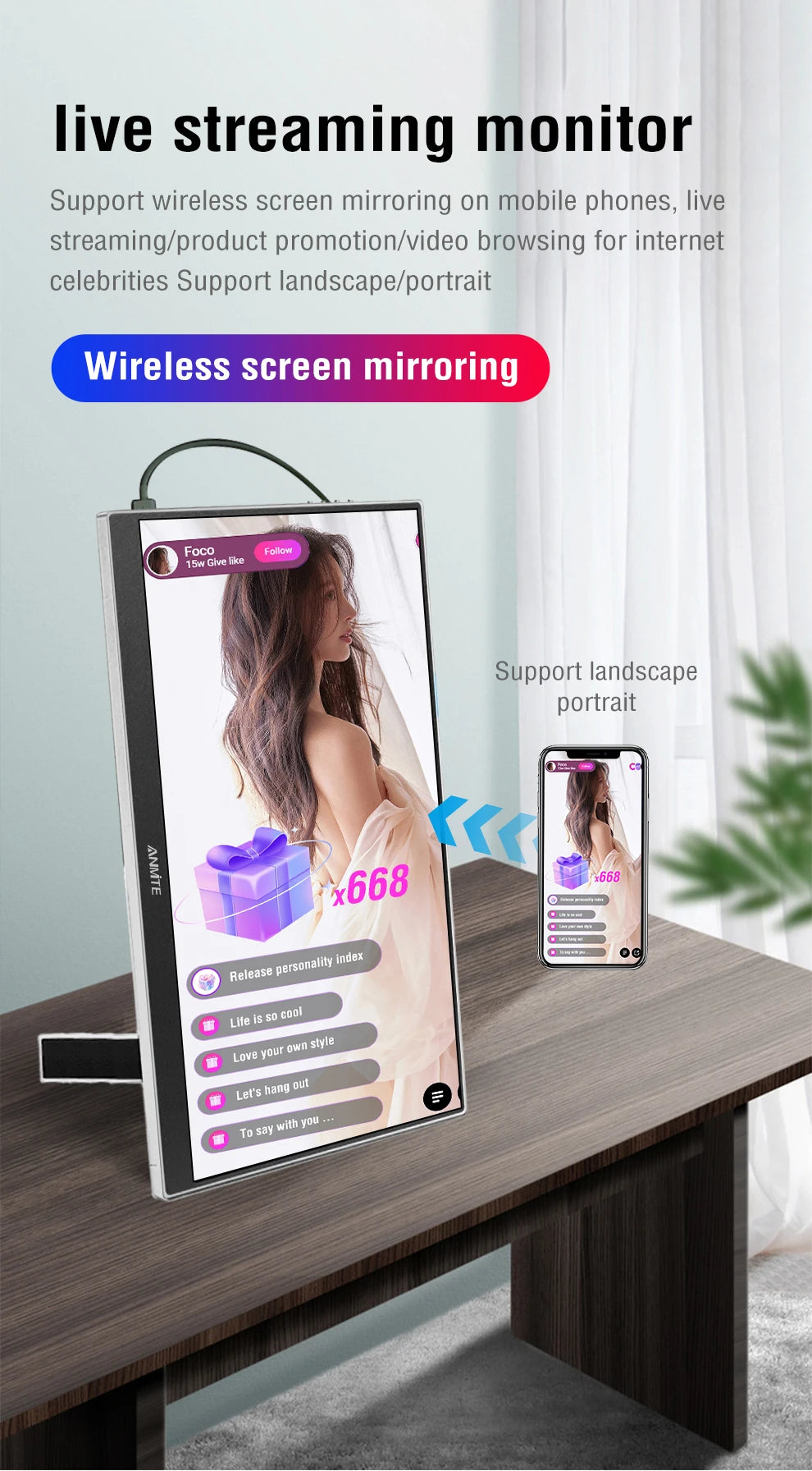 11.6/14/16/18.5 Inch Wireless Projection Monitor Automatic rotation Portable Display for Laptop, Mac and Phone WiFi Projection