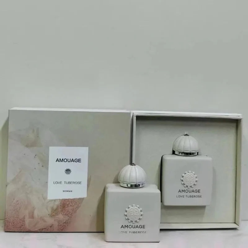 Amouage Love Tuberose EDP 100ml: white square bottle, floral luxury Arabic perfume for women. Long-lasting floral scent.