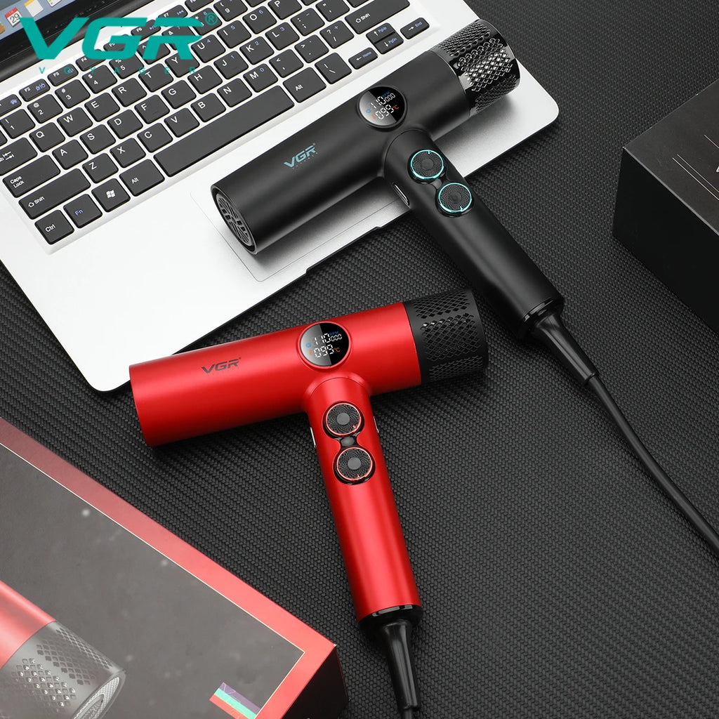VGR V-401 professional leafless hair dryer with digital display, 110k RPM motor, in black and red matte finishes.