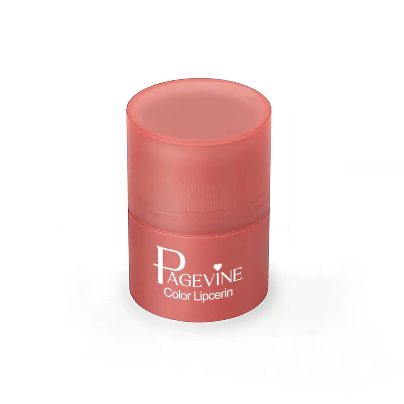 Pagevine tinted lip balm in a rose-colored twist-up tube for hydrating, non-sticky, long-wear lip care.