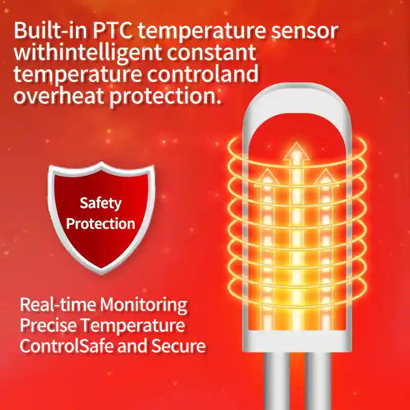 Graphic showing a PTC heating sensor, a safety shield icon, and text explaining temperature control and protection.