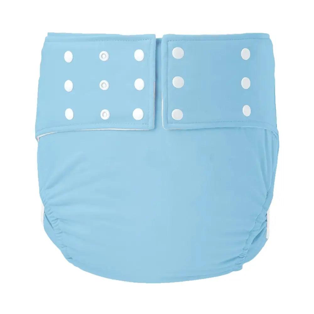 Reusable light blue baby cloth diaper with adjustable snap buttons for a custom fit.