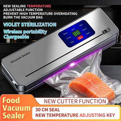 Portable vacuum sealer with blue touch screen and violet sealing light, black/gray