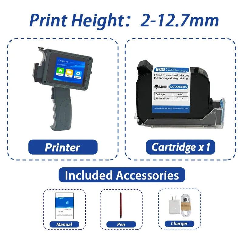 Handheld inkjet coding printer with cartridge x1 shown and print height 2–12.7mm
