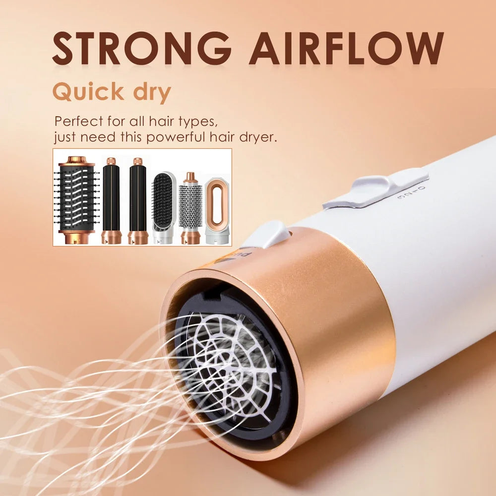 6-in-1 white and gold hair dryer brush set with airflow, styling attachments, and professional curling iron tools.