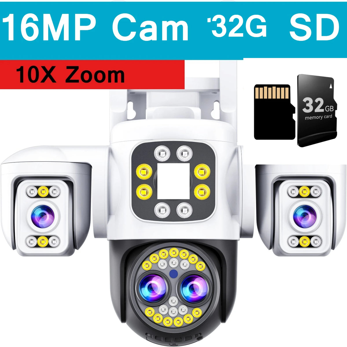 Outdoor PTZ security camera, quad lenses, 32GB microSD, 10x zoom