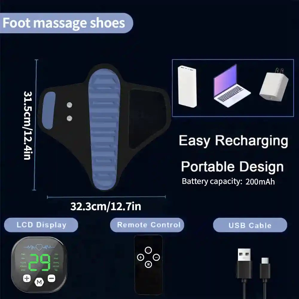 Portable EMS electric foot massager mat with LCD remote, rechargeable USB design for muscle stimulation and relaxation.