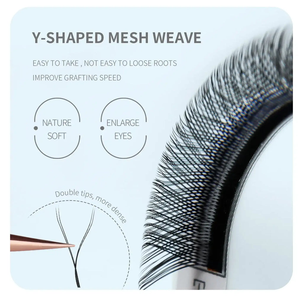 Black Y-shaped false eyelashes on a strip with double tips for lash extension grafting.