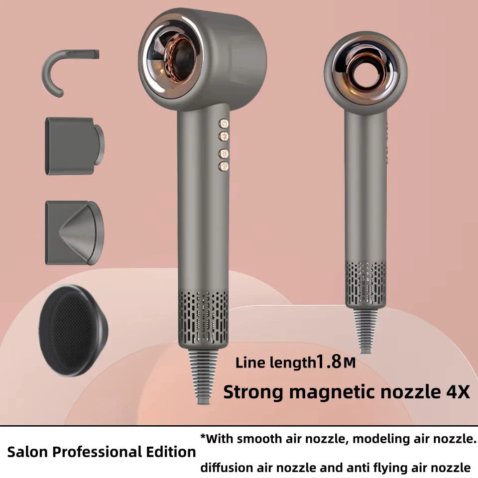 Grey 1600W silent negative ion hair dryer with 4 magnetic nozzles for salon-quality professional styling.