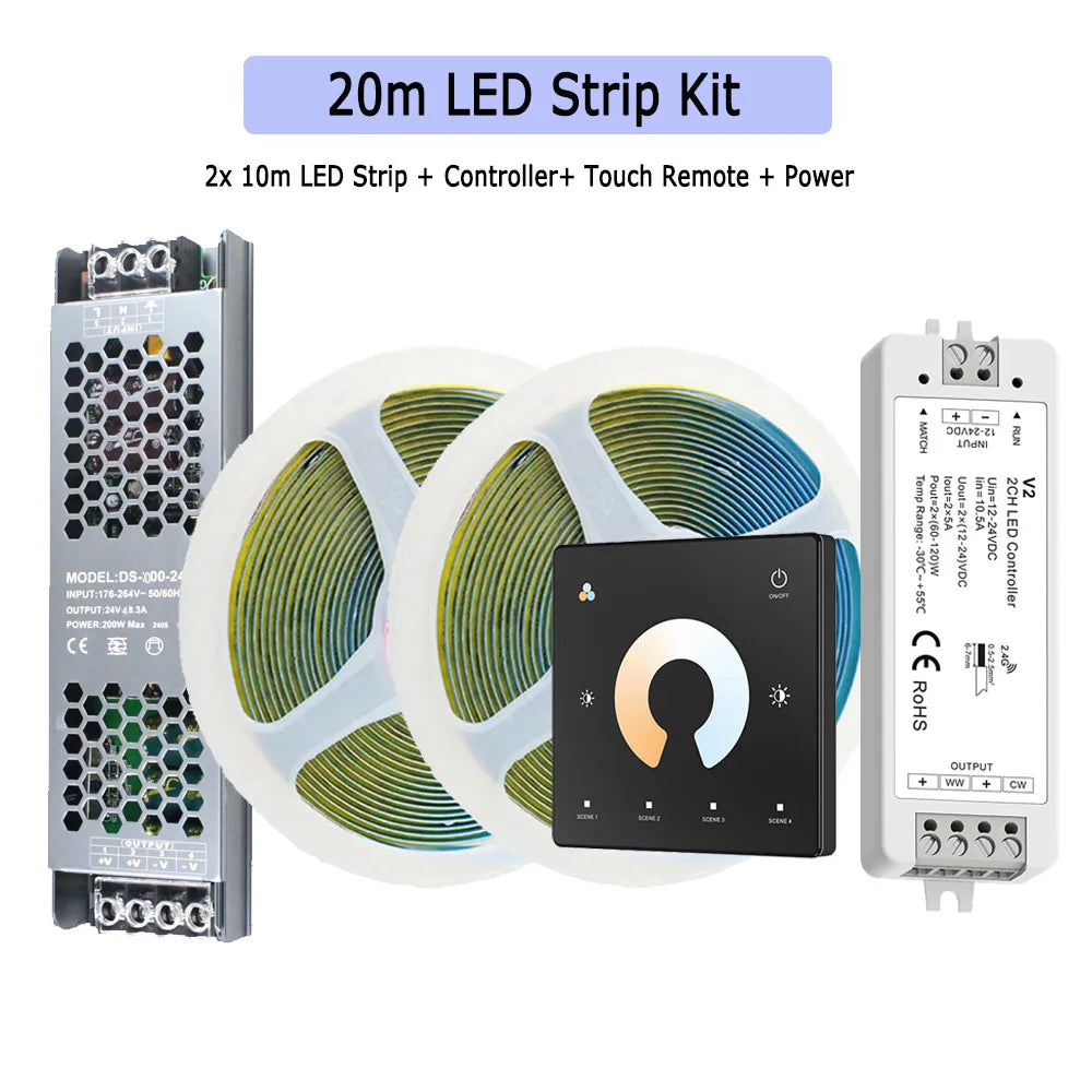 20m LED strip light kit with dual-color strip, touch controller, and power supply