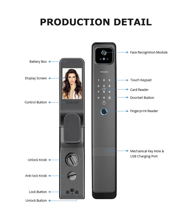 WiFi Tuya APP English/Russian/Spanish/Portuguese Voice Digital 3D Face Recognition Fingerprint Smart Door Lock
