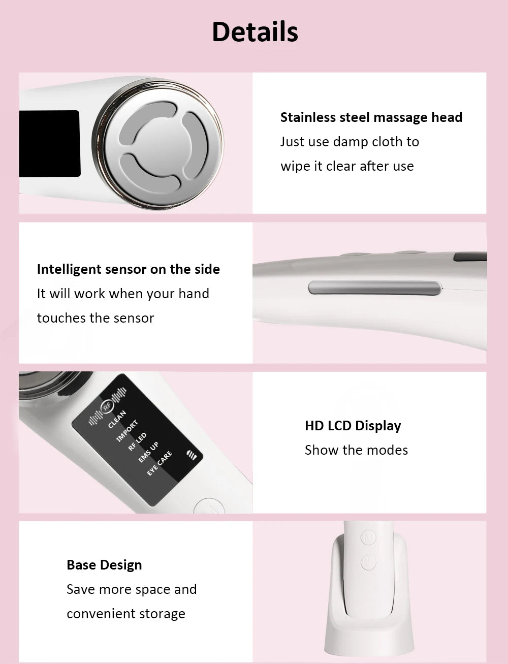 Close-up details of a white facial massager with a stainless steel head, LCD screen, side sensor, and storage base.
