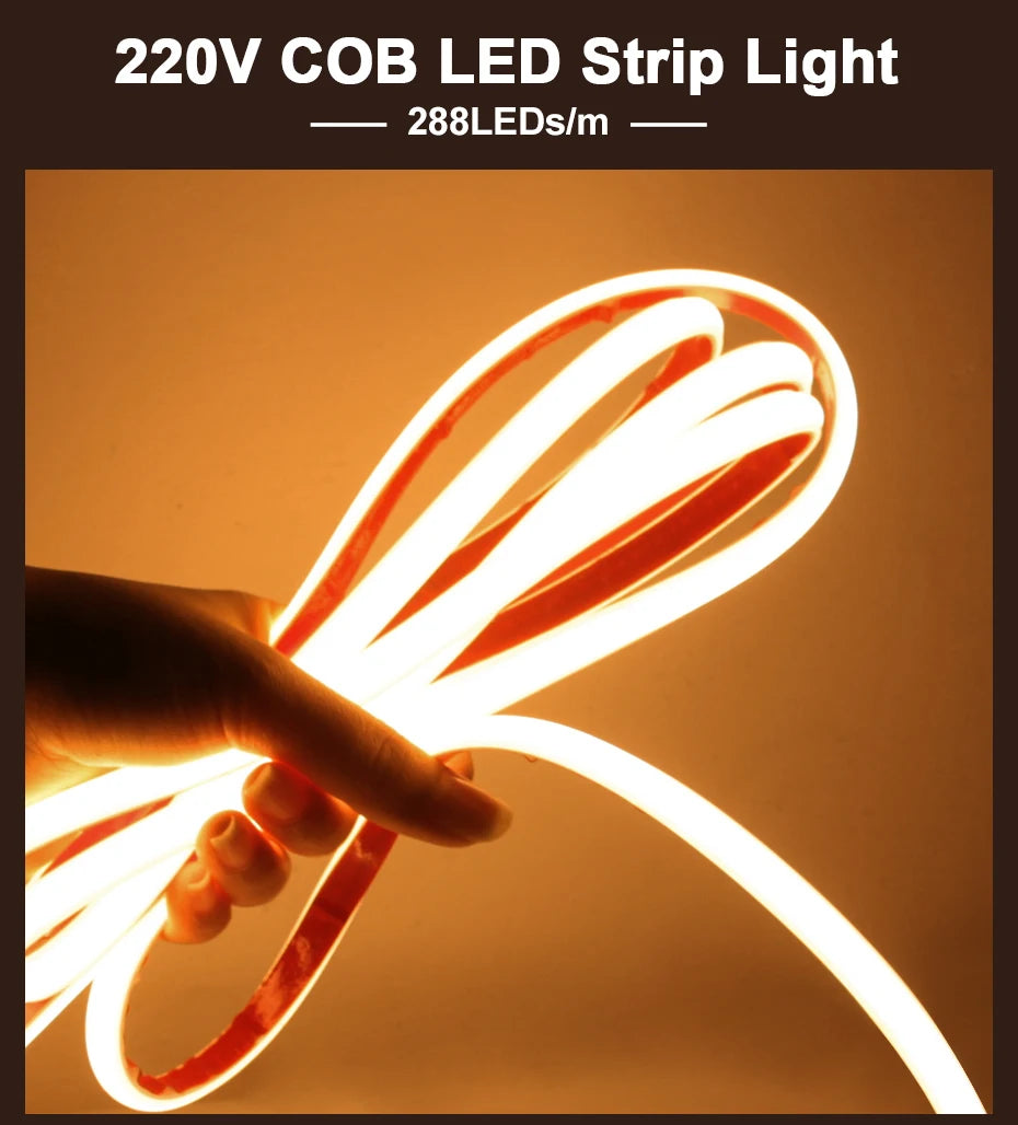 Self-adhesive 220V COB LED Strip 288LEDs/m IP65 Waterproof 1m-25m Length with Timing Dimming Switch EU/AU/UK Plug for Lighting