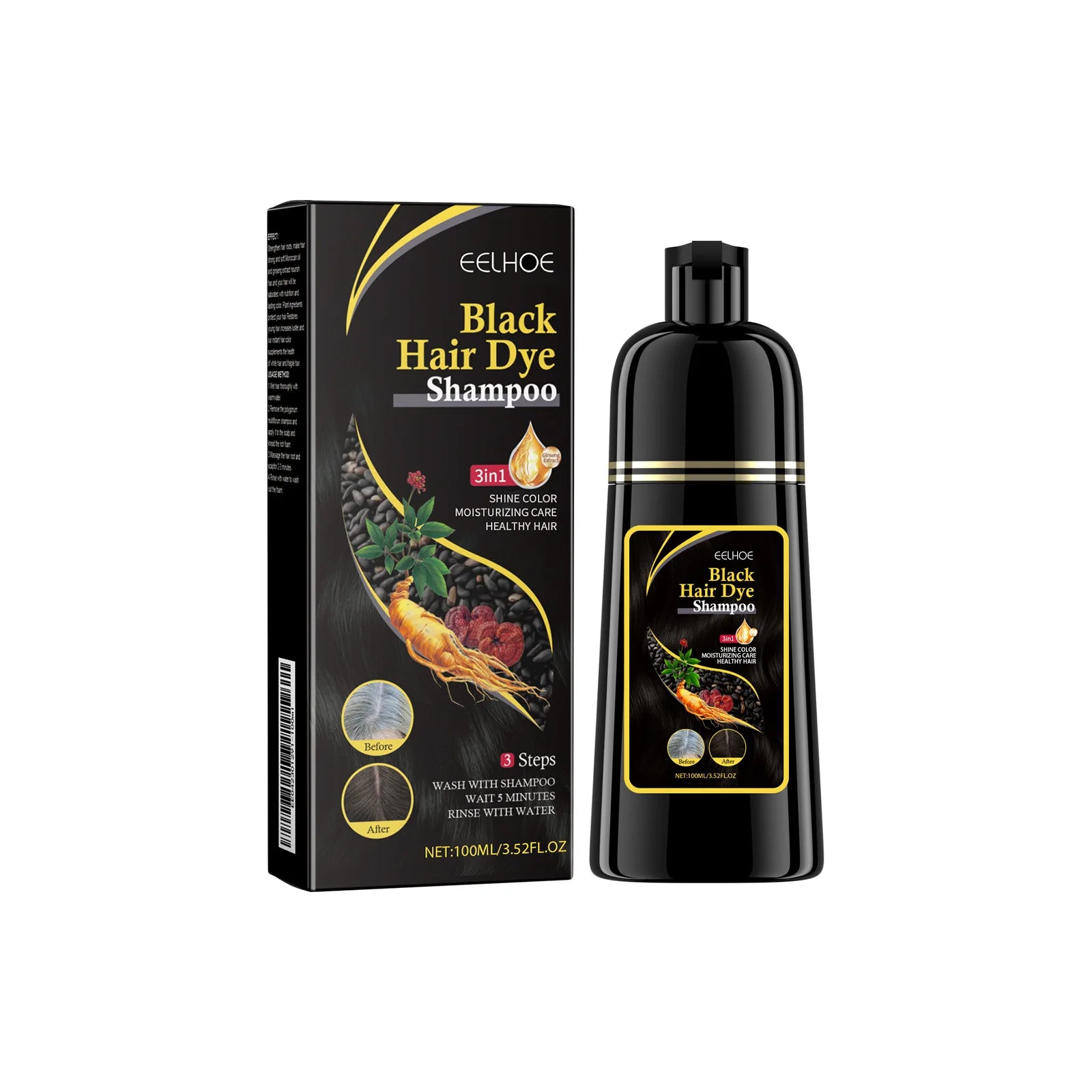 EELHOE White Hair Darkening Shampoo Covers Gray Hair Dye Cleaning Smooth Ginseng 3 in 1 Strengthen Hair Shampoo Color Changing