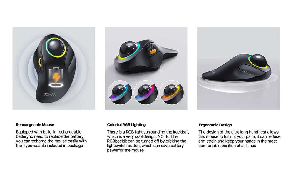 Jomaa RGB Backlit Trackball Mouse Control for Gaming Bluetooth Right Hand Vertical Trackball Mouse for Gamer Windows Mac