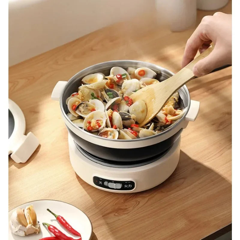 Multi cooker with black inner pot and wooden ladle, filled with mixed seafood and veggies