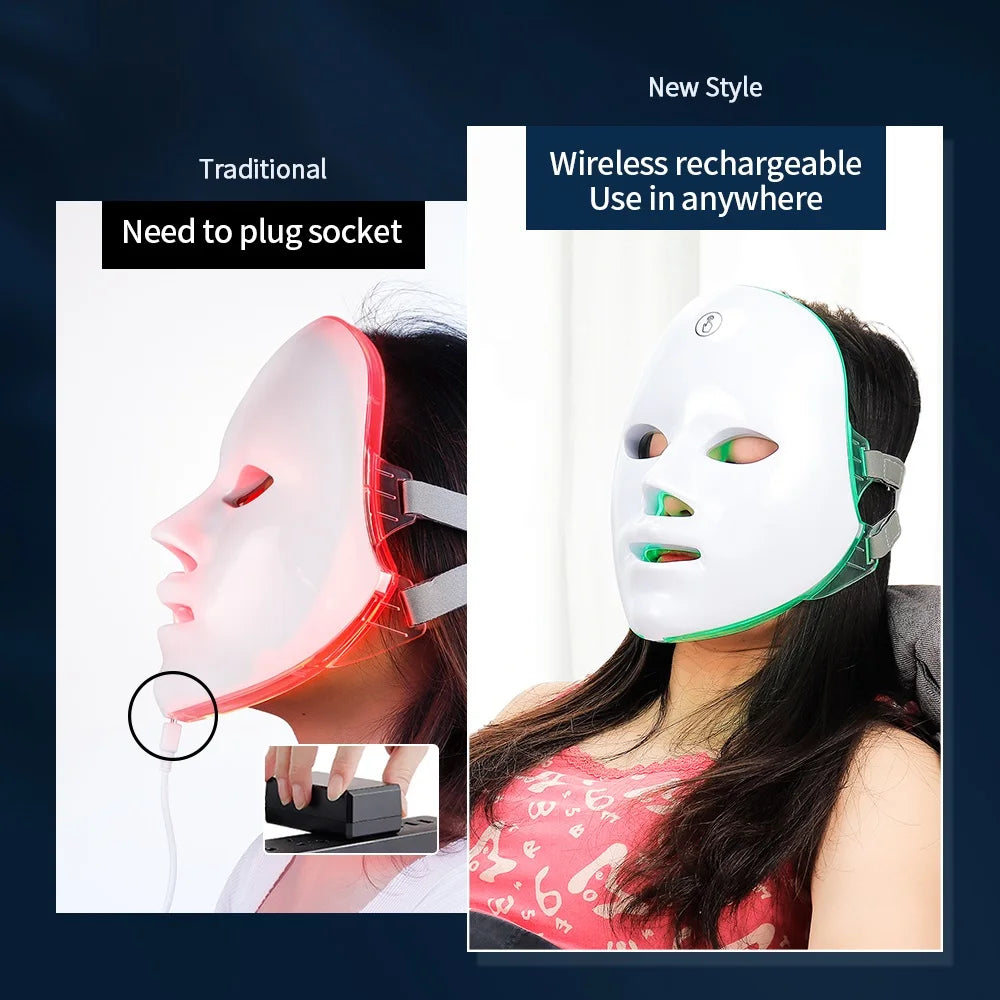 Comparison of a wired traditional LED face mask and a new wireless, rechargeable white LED skin rejuvenation mask.