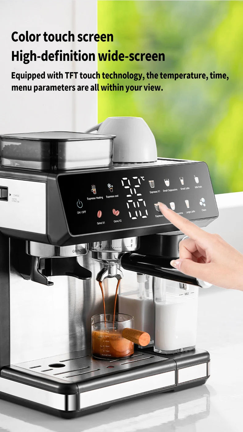 Stainless steel espresso machine with TFT touchscreen, integrated grinder, and milk frother pouring coffee into a glass.