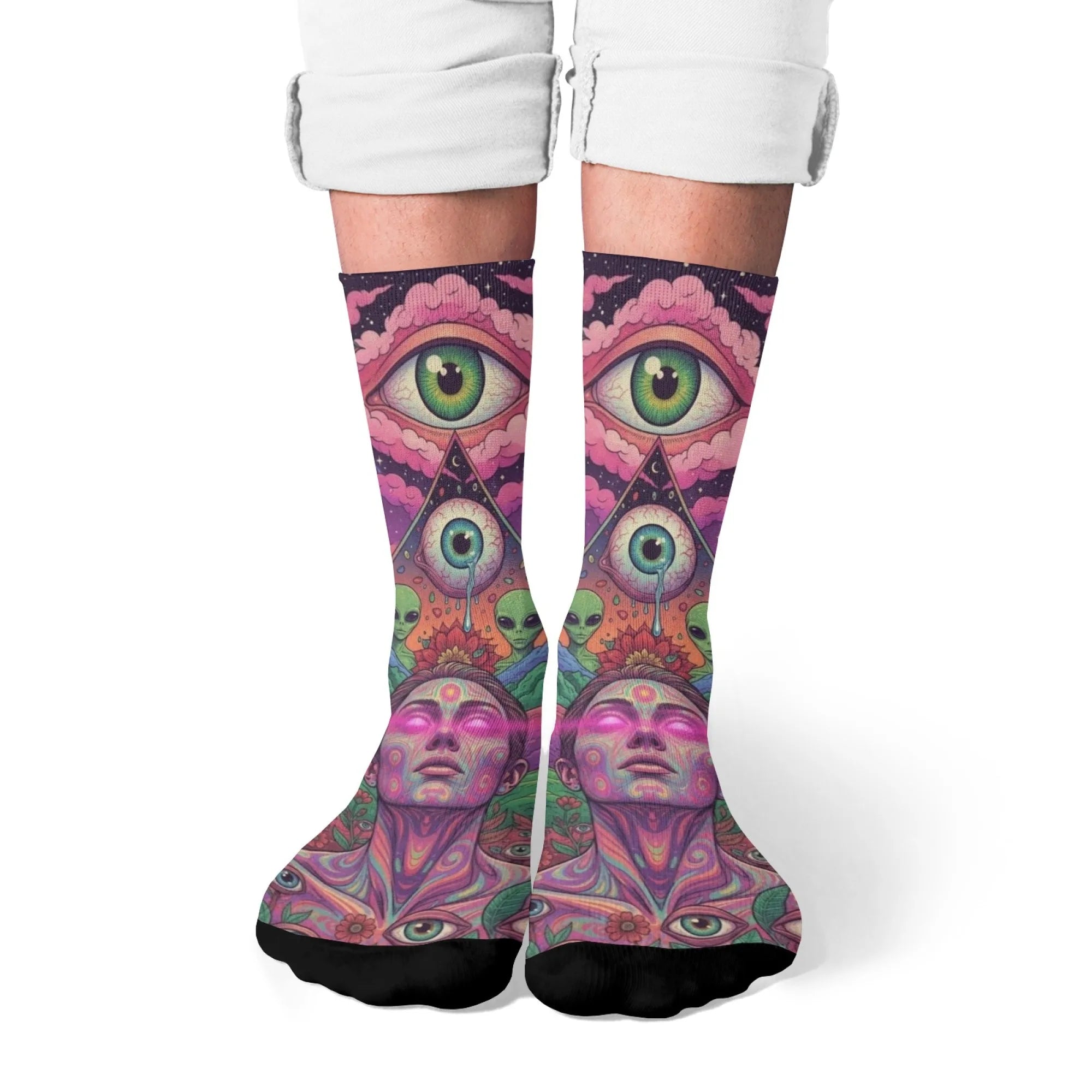 Mystery Eyes Happy Alien Psychedelic Socks Casual Fashion Men's Socks Novelty Funny Compression Socks Crazy Street Hip-Hop Socks
