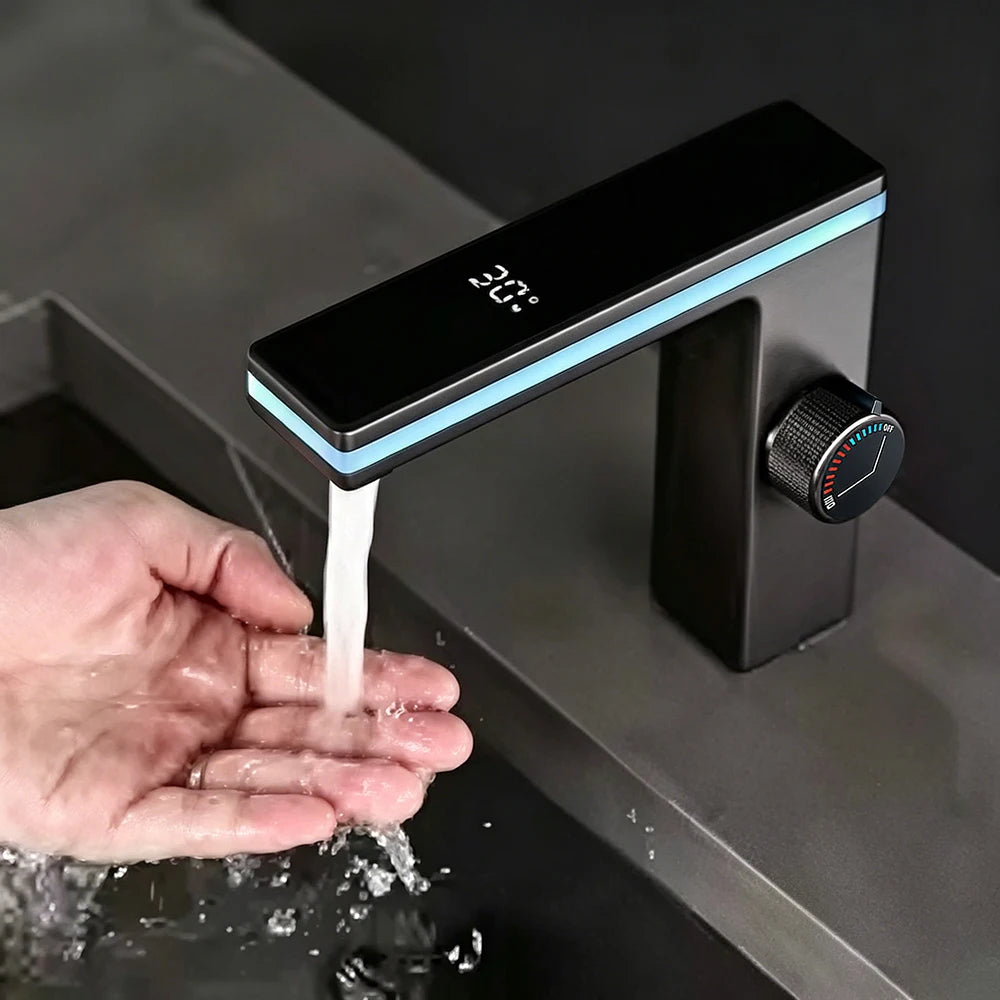 LED Digital Display Bathroom Faucet Deck Mounted Hot Cold Water Mixer Tap Smart Bathroom Sink Faucets Vanity Washbasin Faucet