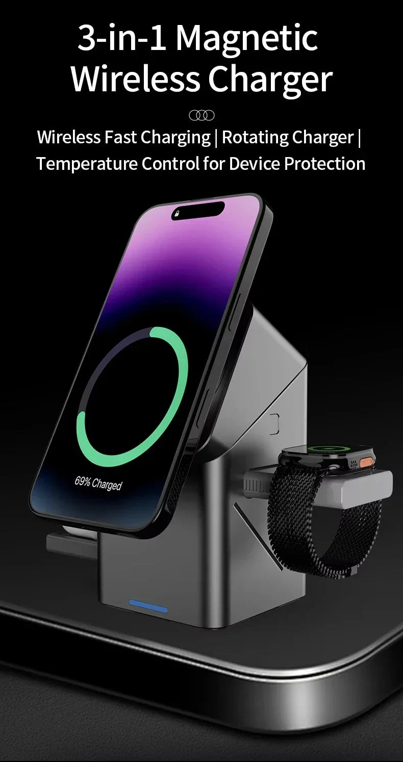 3 in 1 Wireless Charger for Apple Devices - Qi Certified Grey Station Tidesmit
