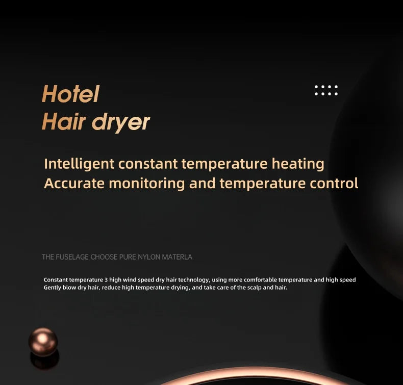 Black 1600W wall-mounted hotel hair dryer with intelligent constant temperature and high-speed airflow technology.