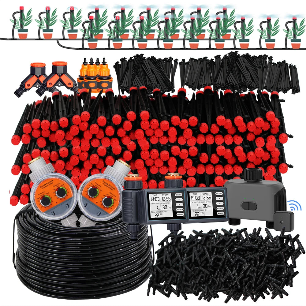 Garden irrigation kit parts bundle with black tubing, red sprinkler heads, and timer units