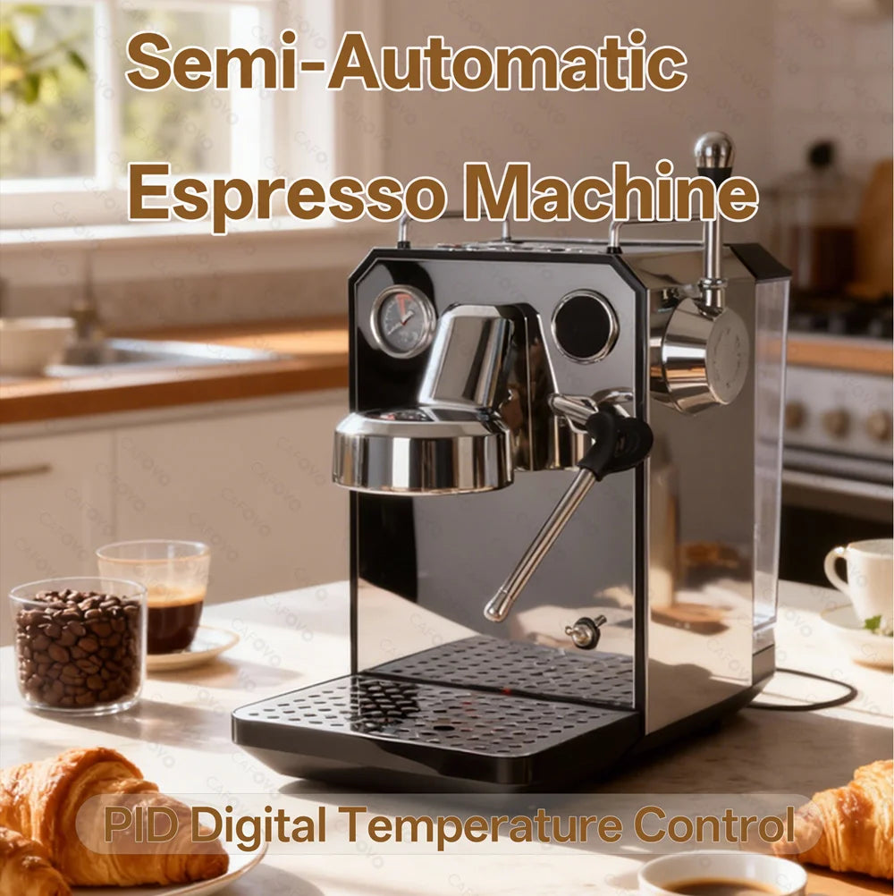 Cafovo semi-automatic stainless steel espresso machine with PID digital temperature control and pressure gauge.