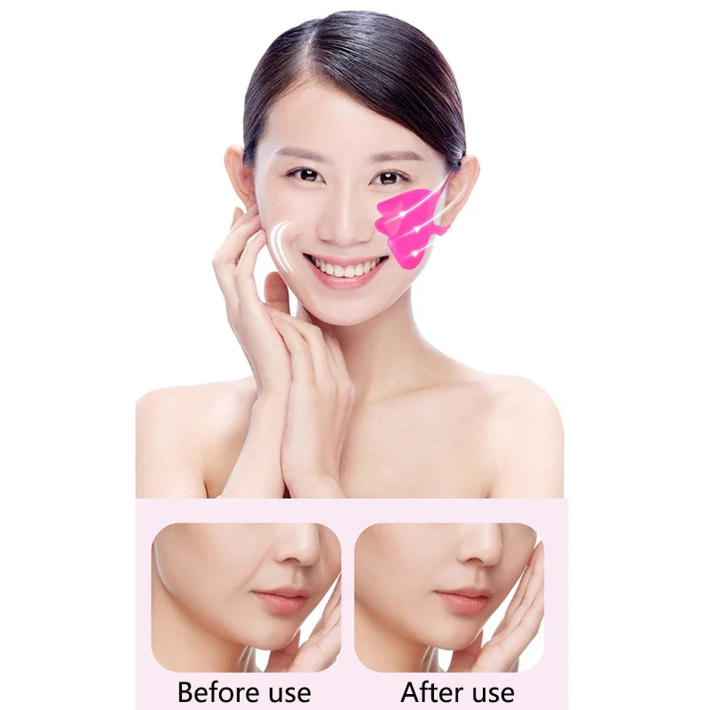 A woman wears a bright pink, butterfly-shaped silicone anti-wrinkle patch on her cheek. Includes before and after shots.