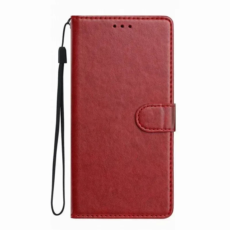 Red faux leather phone wallet case with a magnetic strap and black wrist lanyard.