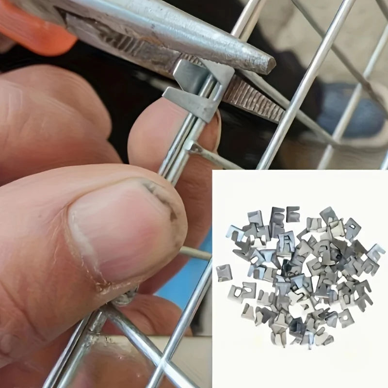 300 stainless steel pet cage fasteners used to assemble or repair bird, rabbit, and chicken wire enclosures.