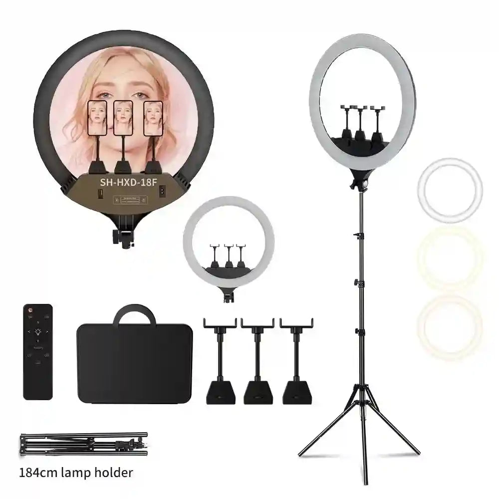 18-inch LED ring light with three phone mounts, adjustable tripod stand, remote control, and carrying case for filming.