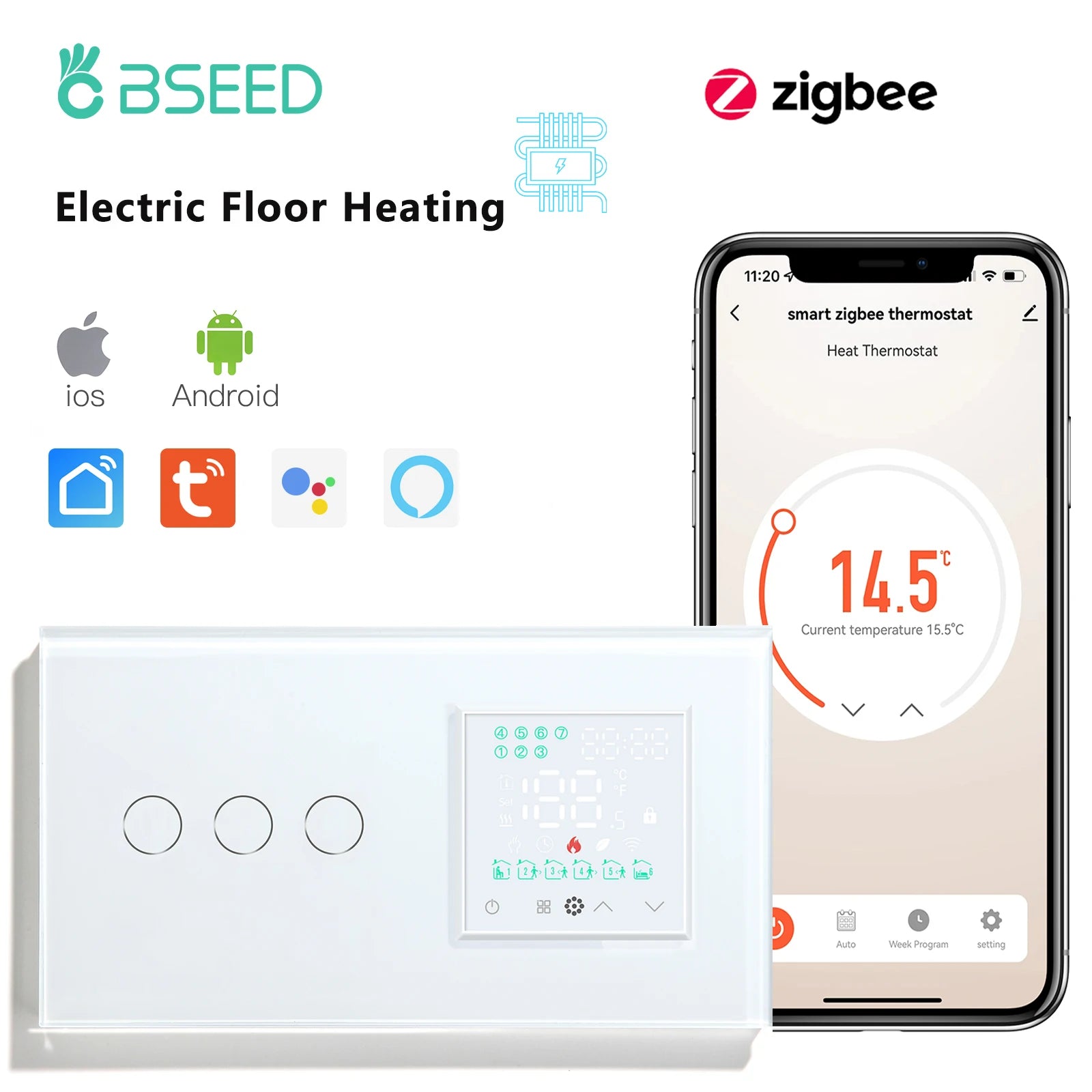 White multi-gang wall thermostat panel with touch display and status icons