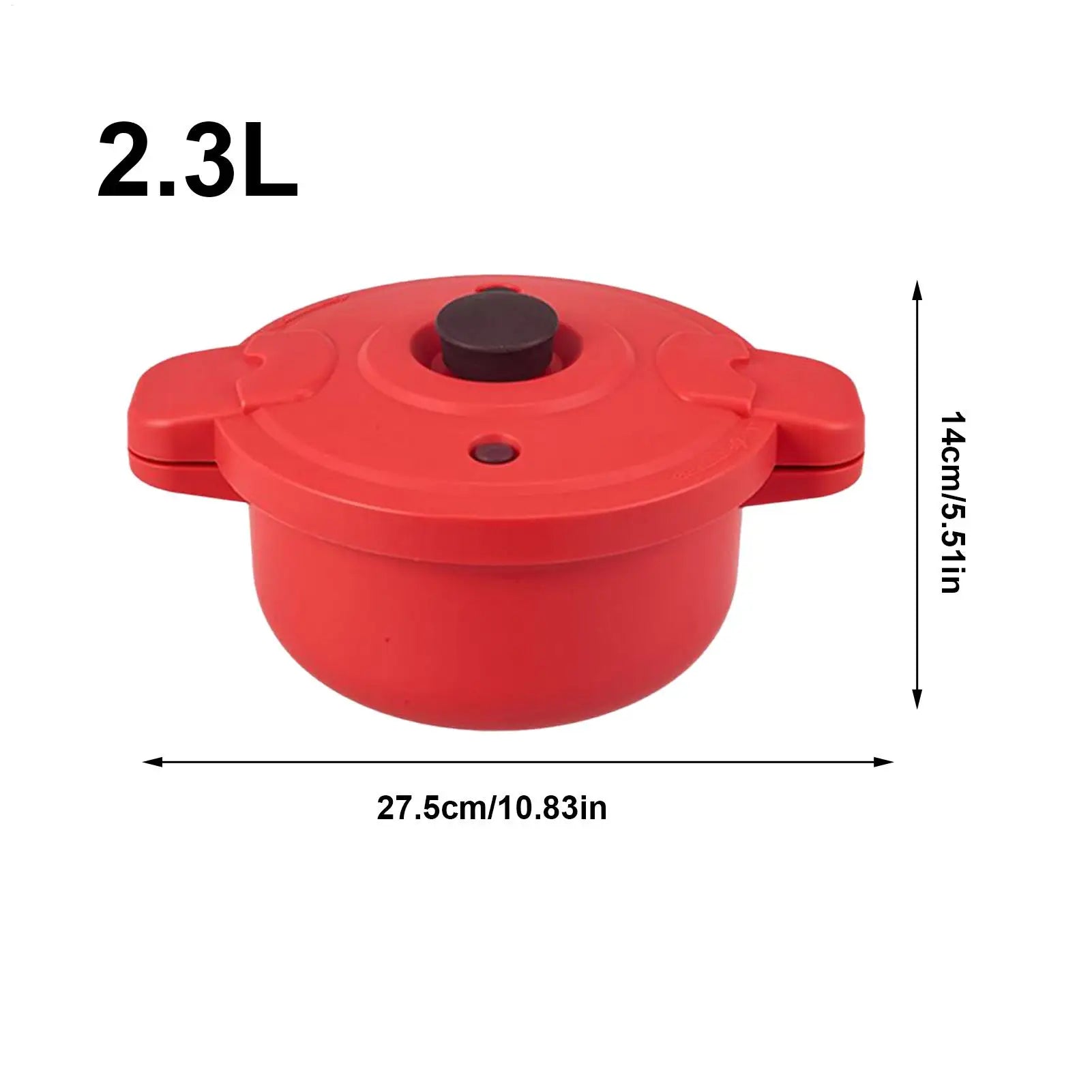Red microwave pressure cooker pot, 2.3L size diagram with height and width arrows.
