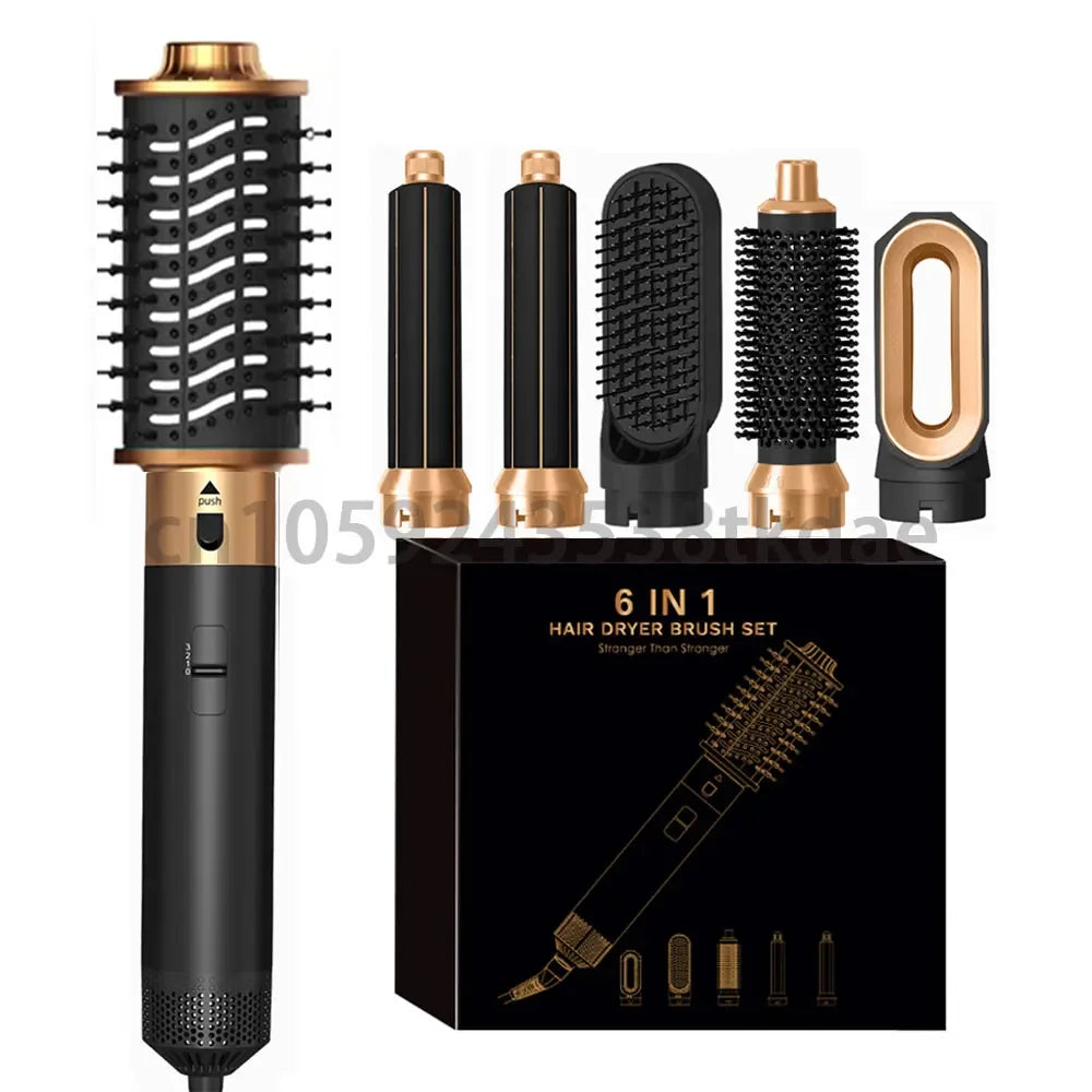 6-in-1 black and gold hair dryer brush set with curling irons, styling attachments, and travel box for easy hair care.