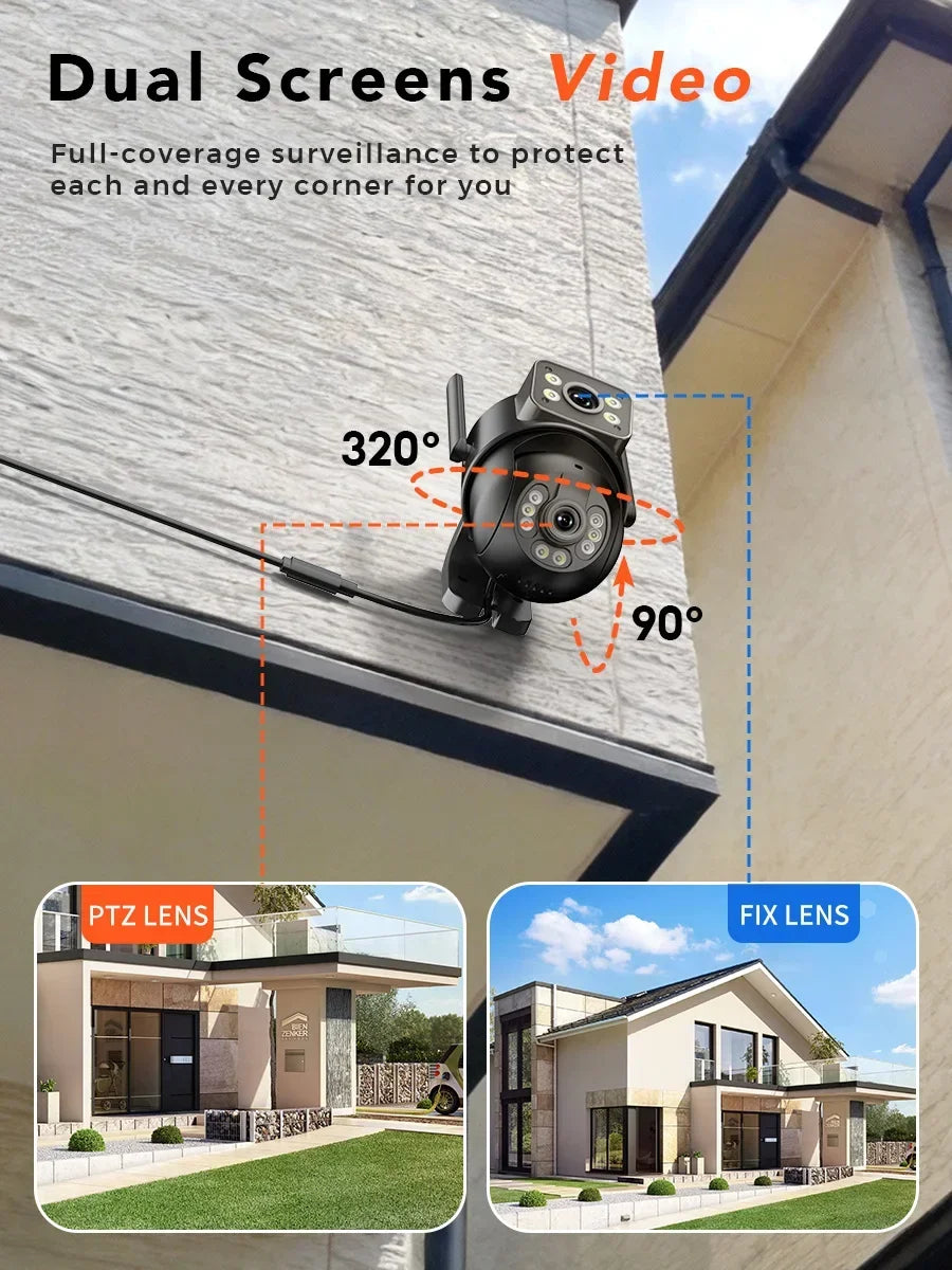 10MP 5K HD WiFi Camera Outdoor 2.4G+5G Dual Band 8MP Dual Lens Dual Screen AI Auto Tracking Security Camera Video Surveillance