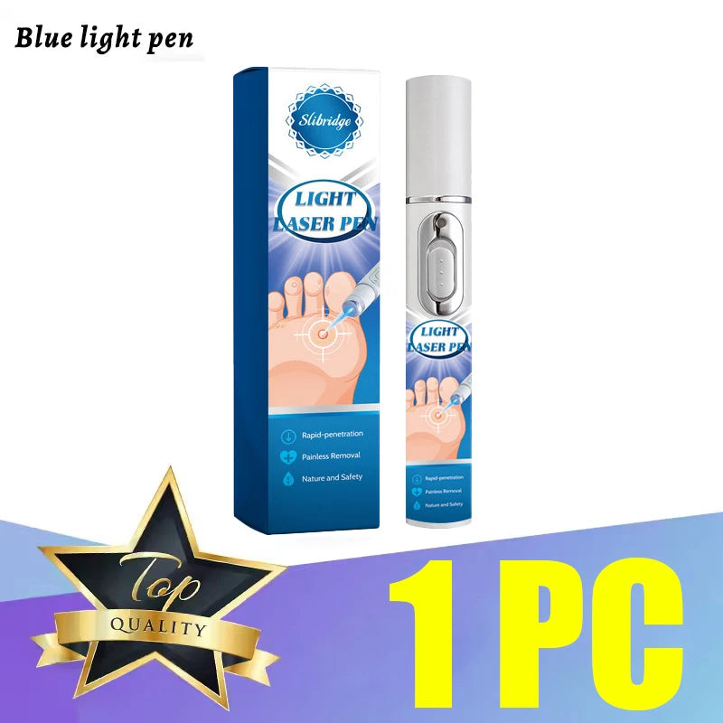 A Slibridge blue light wart removal pen and its blue and white box packaging featuring a foot graphic.