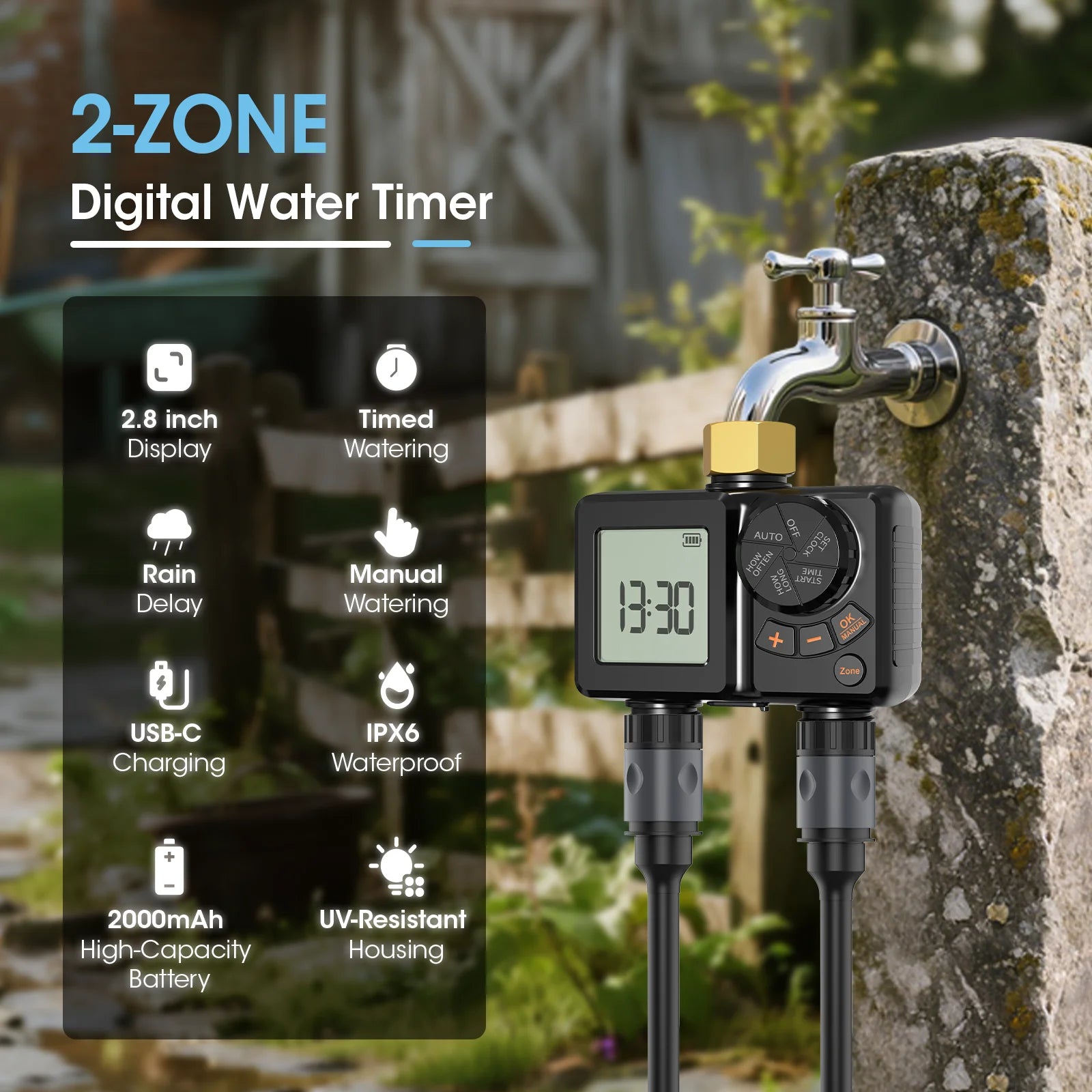 New Type-C Garden Independent Dual Zone LCD Display Watering Timer Automatic Irrigation Kit Small Intelligent Gardening Program