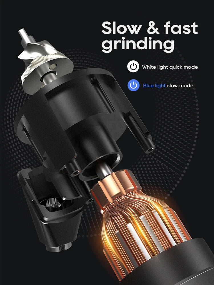 Internal view of black electric coffee grinder featuring metallic burrs and copper motor for dual speed grinding.