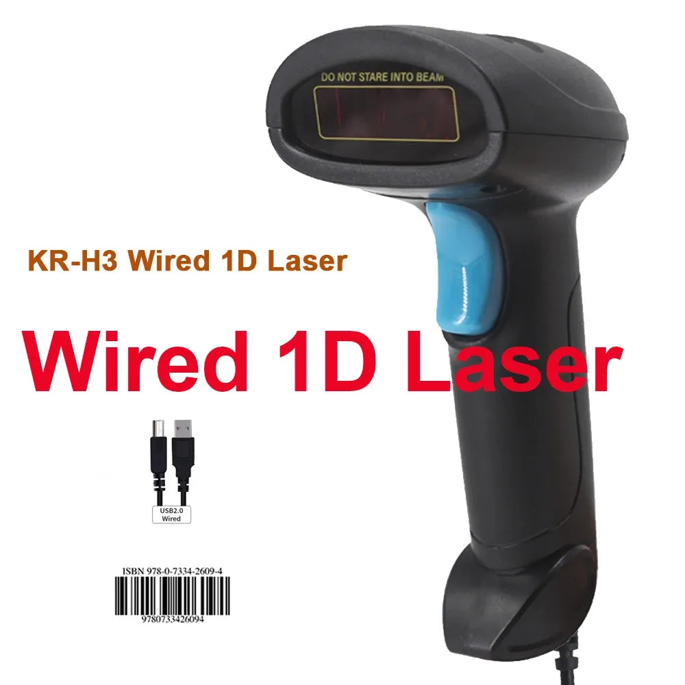 Black wired 1D laser handheld barcode scanner with blue trigger